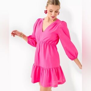 Lilly Pulitzer Deacon Dress Pink Puckered 100% Cotton Tiered Size 0